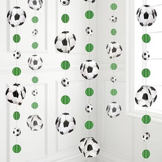 Soccer ball and green circle hanging garland decorations, repeating pattern on strands