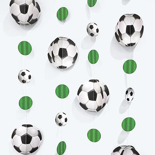 Soccer ball hanging garland with green circle accents, balloon-like soccer pieces