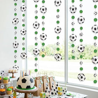 Soccer ball and green circle window garland strands with dangling soccer decorations