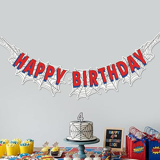 Happy Birthday spider web banner with red and blue letters on white web outlines