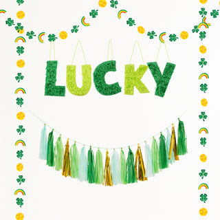St Patrick’s Day backdrop set: 'LUCKY' banner with green tassel garland