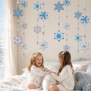 Stained glass snowflake garland with dangling bead strings and blue iridescent snowflakes