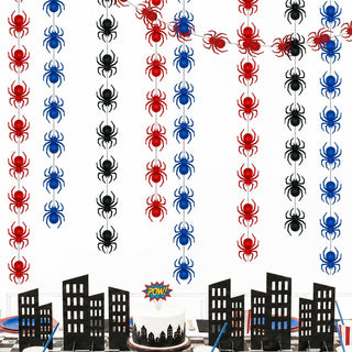 Spider garland with red, blue, and black web spider cutouts for party backdrop