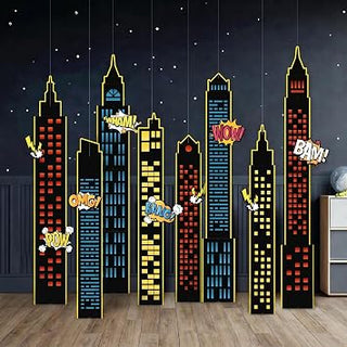 Superhero party photo booth backdrop with colorful city skyline panels and comic words