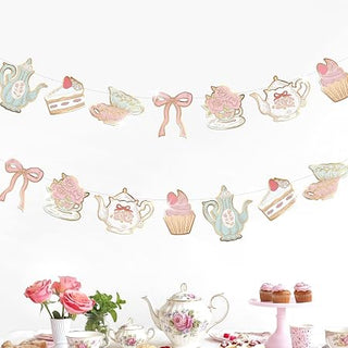 Double-sided tea party banner with pastel floral teapot, teacup, and cupcake cutouts