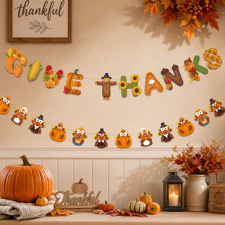 Thanksgiving garland with “GIVE THANKS” letters, sunflowers, pumpkins, and owls