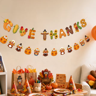Thanksgiving banner garland with “GIVE THANKS” letters and animal and pumpkin decorations