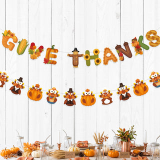 Thanksgiving banner garland with “GIVE THANKS” letters and autumn animal charms
