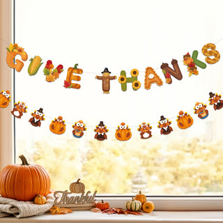 Thanksgiving banner garland reading “GIVE THANKS” with owl, turkey, and pumpkin cutouts