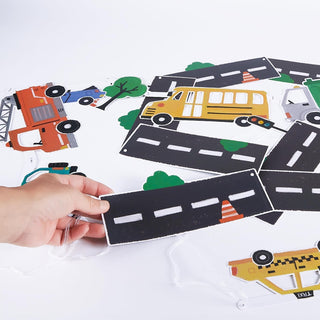 Road segment with vehicle stickers and trees on a curved transport banner