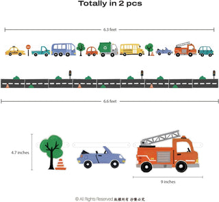Transportation banner size diagram showing curved road with vehicles for a 2-piece set