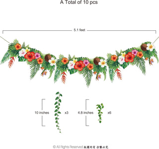 Tropical flower garland banner set, 10 pcs total, 5.1 ft length