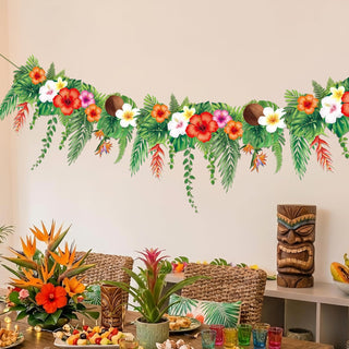 Tropical flower and leaf banner garland with multicolor blossoms and hanging vine pieces