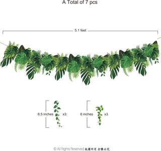 Tropical leaf banner garland with green palm leaves, multiple connected hanging pieces