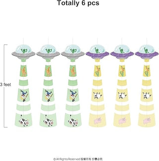 UFO alien garland set showing 6 hanging pieces with UFO tops and multicolor character strips