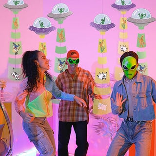 UFO alien hanging garland with gray UFO tops, green aliens, and colorful dangling strips