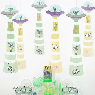 UFO alien garland with multiple UFO discs and hanging paper strips featuring alien and animal icons