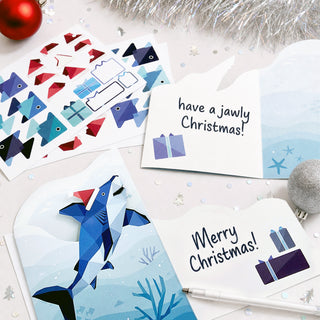 Undersea greeting cards with envelope, penguin and dolphin stickers, festive text