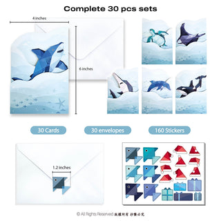 Undersea greeting card set showing envelopes and sticker sheet, 30 cards total
