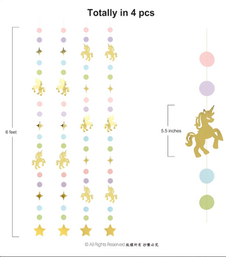 Set of 4 hanging unicorn garlands, 6 ft length, 5.5 in unicorn charm