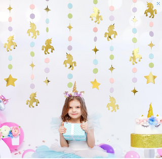 Hanging unicorn garland with gold unicorn and star charms and pastel hanging circles