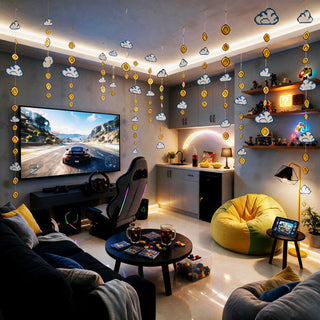 Pixel coin and cloud garland draped across a living room wall