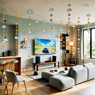 Pixel coin and cloud garland hanging around living room walls and corners