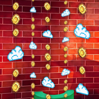 Pixel garland with blue clouds and gold coin charms hanging on strings