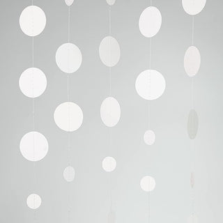 White hanging garland strands with oval drops, evenly spaced hanging loops.