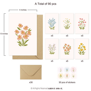 Wildflower card and sticker set layout, 90-piece package with envelopes and floral designs