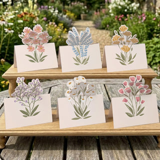 Floral note cards and envelopes with pastel wildflower designs for table placement