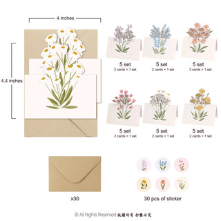 Wildflower note card set layout with 4x4 in size and 30 cards shown
