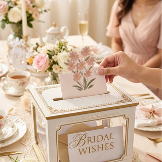 Pastel wildflower note card on the table, held up during place-setting