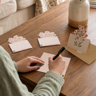 Floral note cards on a wooden table as someone writes messages with a pen