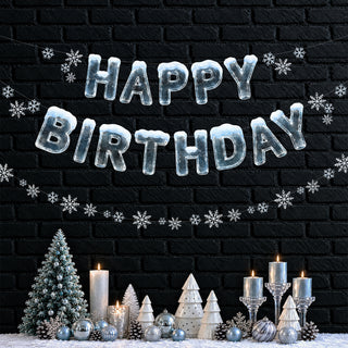 HAPPY BIRTHDAY winter banner with icy blue letters and a white snowflake border