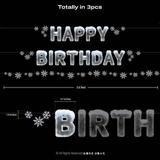 Icy blue HAPPY BIRTHDAY banner design with snowflakes; 5 ft length shown