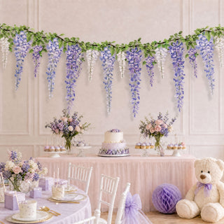 Purple and white wisteria hanging flat banner with cascading floral strands