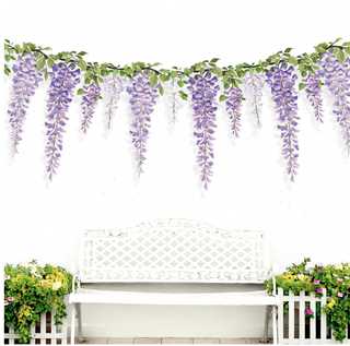 Cascading wisteria wildflower floral banner with green leaves and lilac purple blooms