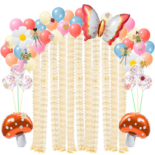 Balloon and garland kit with mushroom, butterfly, flower, and fairy balloons