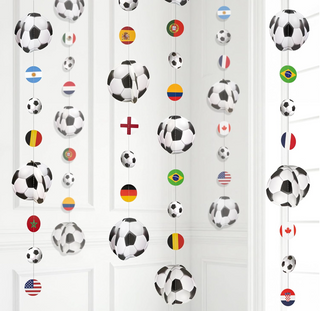 Soccer ball 3D hanging garland with small flag discs, party decoration set