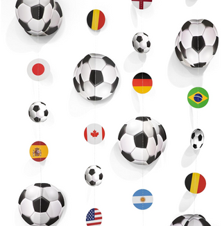 Soccer ball hanging ornaments and flag discs on strings, 3D party decoration