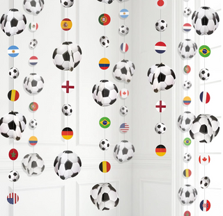 Soccer ball 3D hanging garland with flag discs, vertical banner decoration