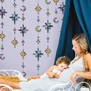 Colorful star and moon hanging garland with dangling iridescent charms