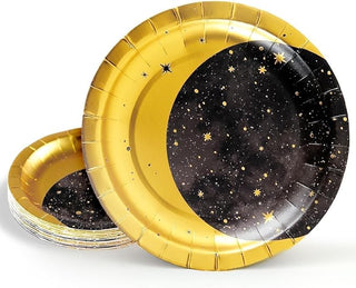 Gold metallic star and moon paper party plates for celestial birthday party decorations front side 