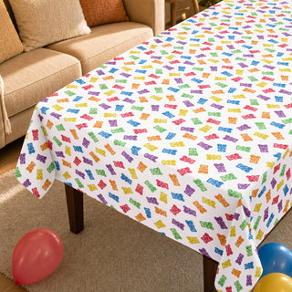 Colorful gummy candy print tablecloth with white background, rectangular coverage
