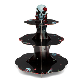 3-tier cupcake stand with black base, skull topper, and red rose accents