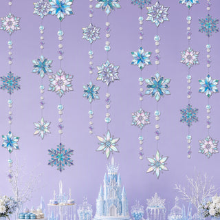 Stained glass snowflake garland with hanging bead strands and iridescent star snowflakes
