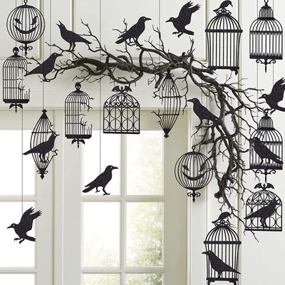 Black glitter crow and bird cage streamer set with hanging bird and cage shapes