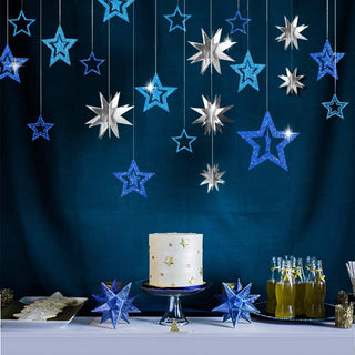 Blue and metallic silver hanging star garland with 3D glitter star ornaments