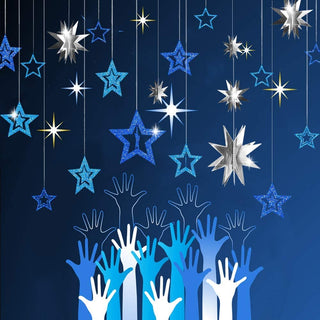 Blue and silver hanging star garland with 3D glitter star cutouts
